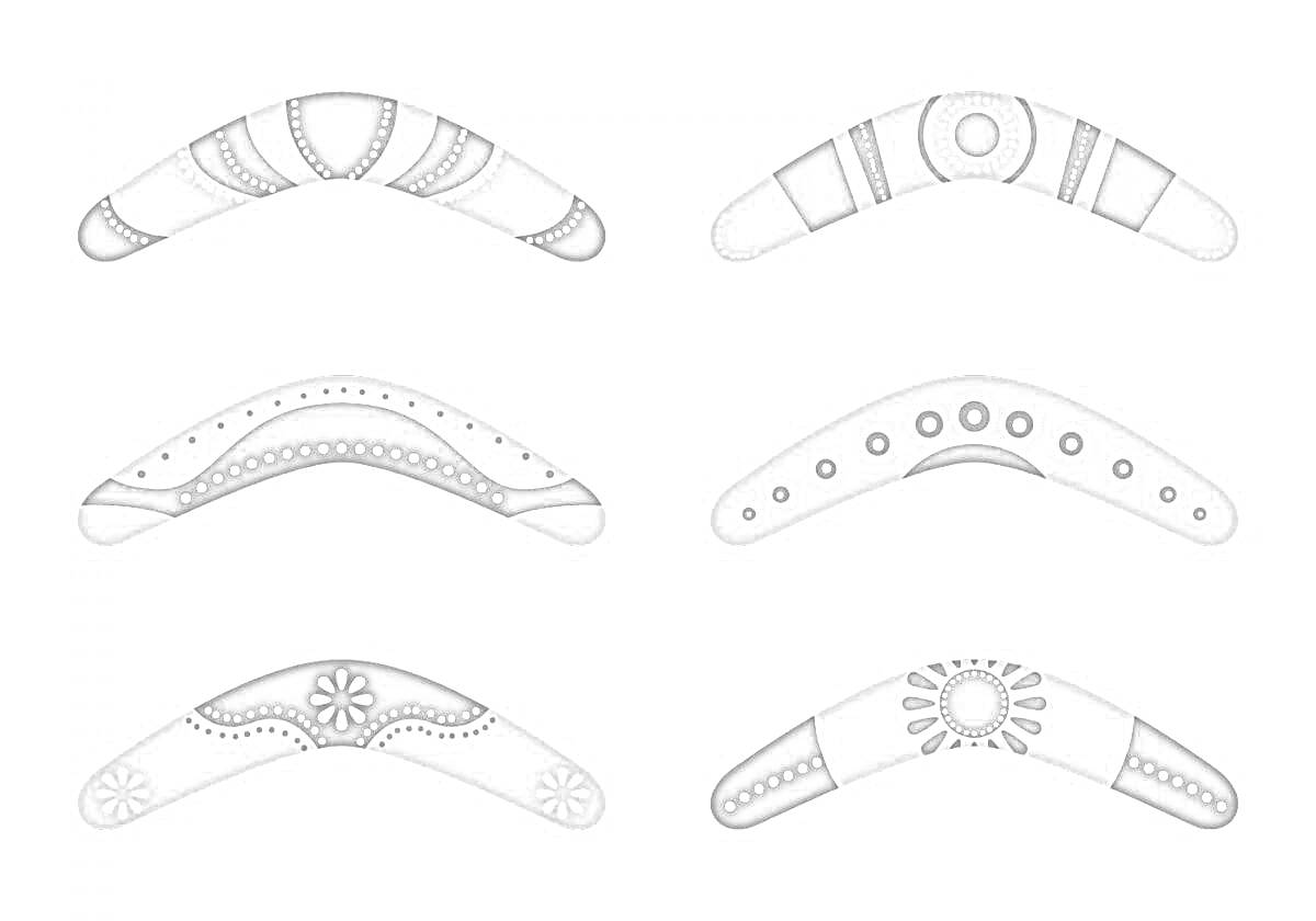 Раскраска Бумеранги с разными узорами, линии, круги, точки и цветочные мотивы