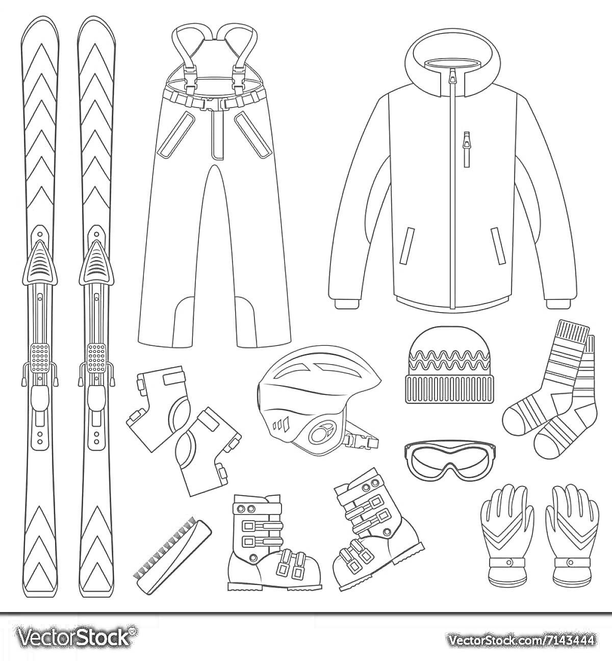 Раскраска Зимний инвентарь для катания на лыжах: лыжи, лыжные палки, лыжные ботинки, лыжные брюки, куртка, шлем, шапка, лыжные очки, перчатки, расческа