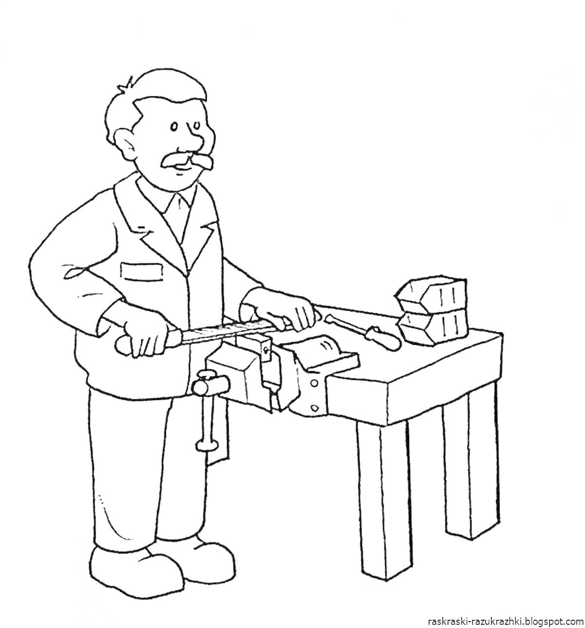 Раскраска Плотник у рабочего стола с инструментами; мужчина, стол, тиски, рубанок, молоток