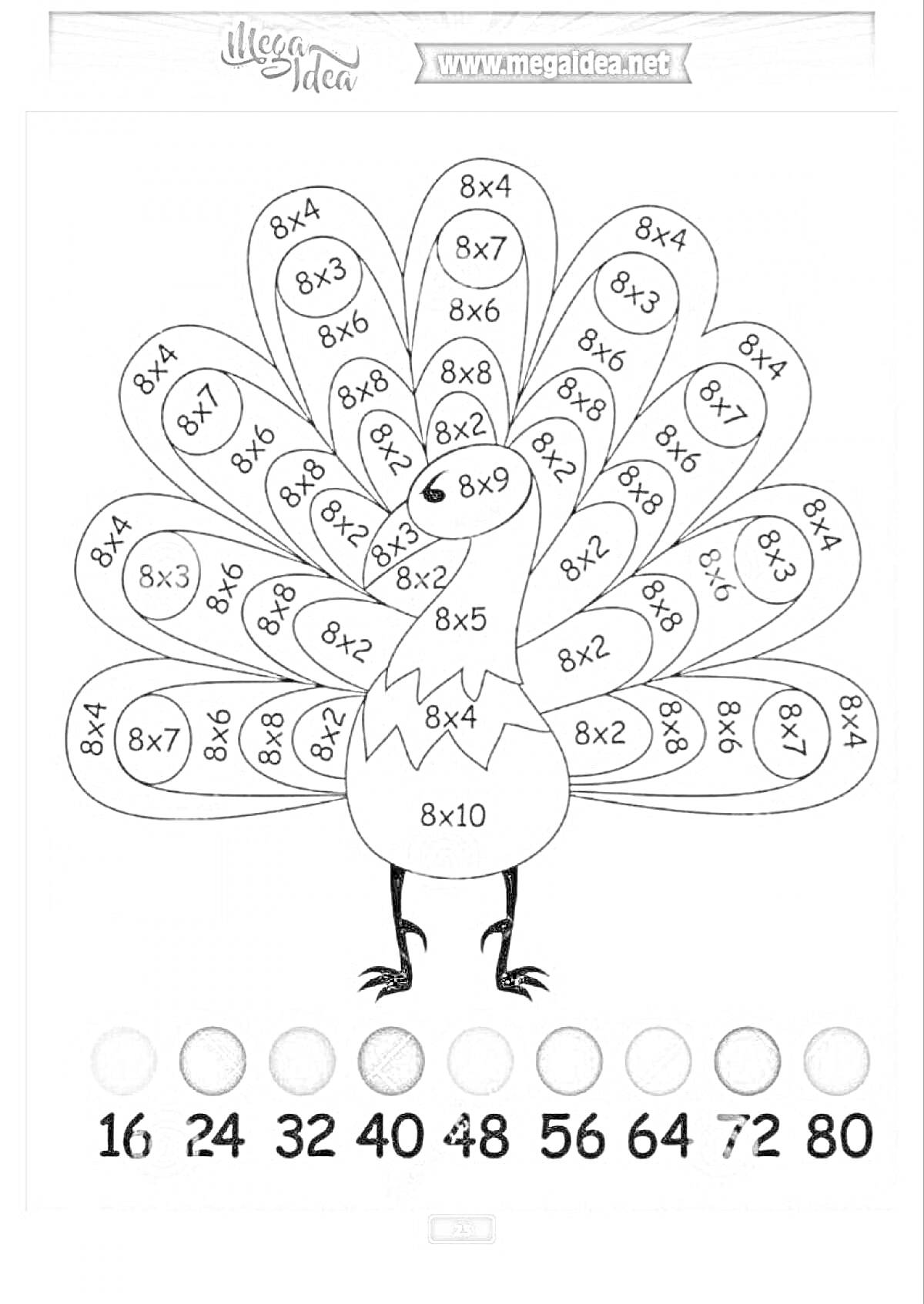 На раскраске изображено: Математика, Таблица умножения, Павлин, Обучение, Цифры