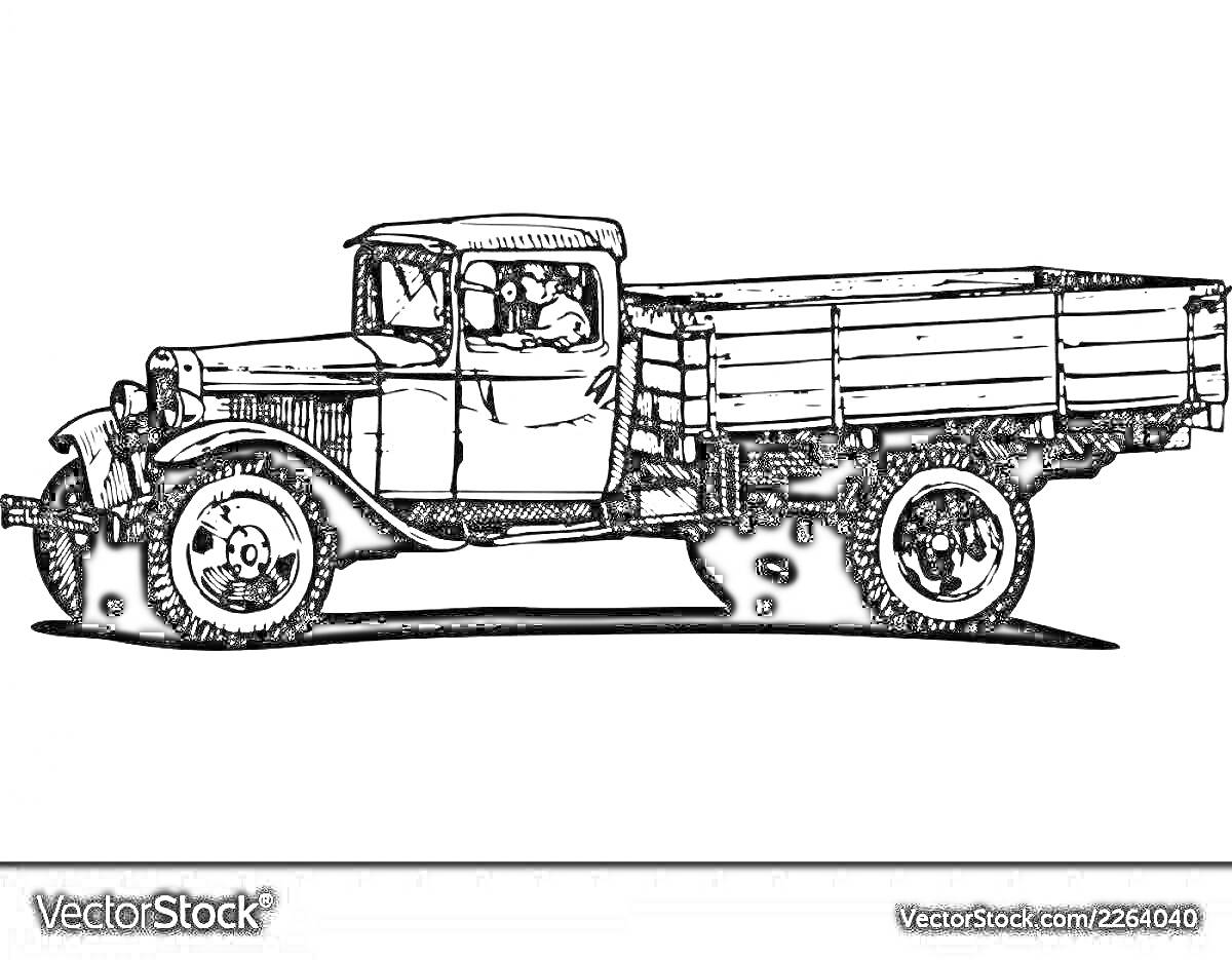 Раскраска Грузовик полуторка с двумя пассажирами в кабине, вид сбоку