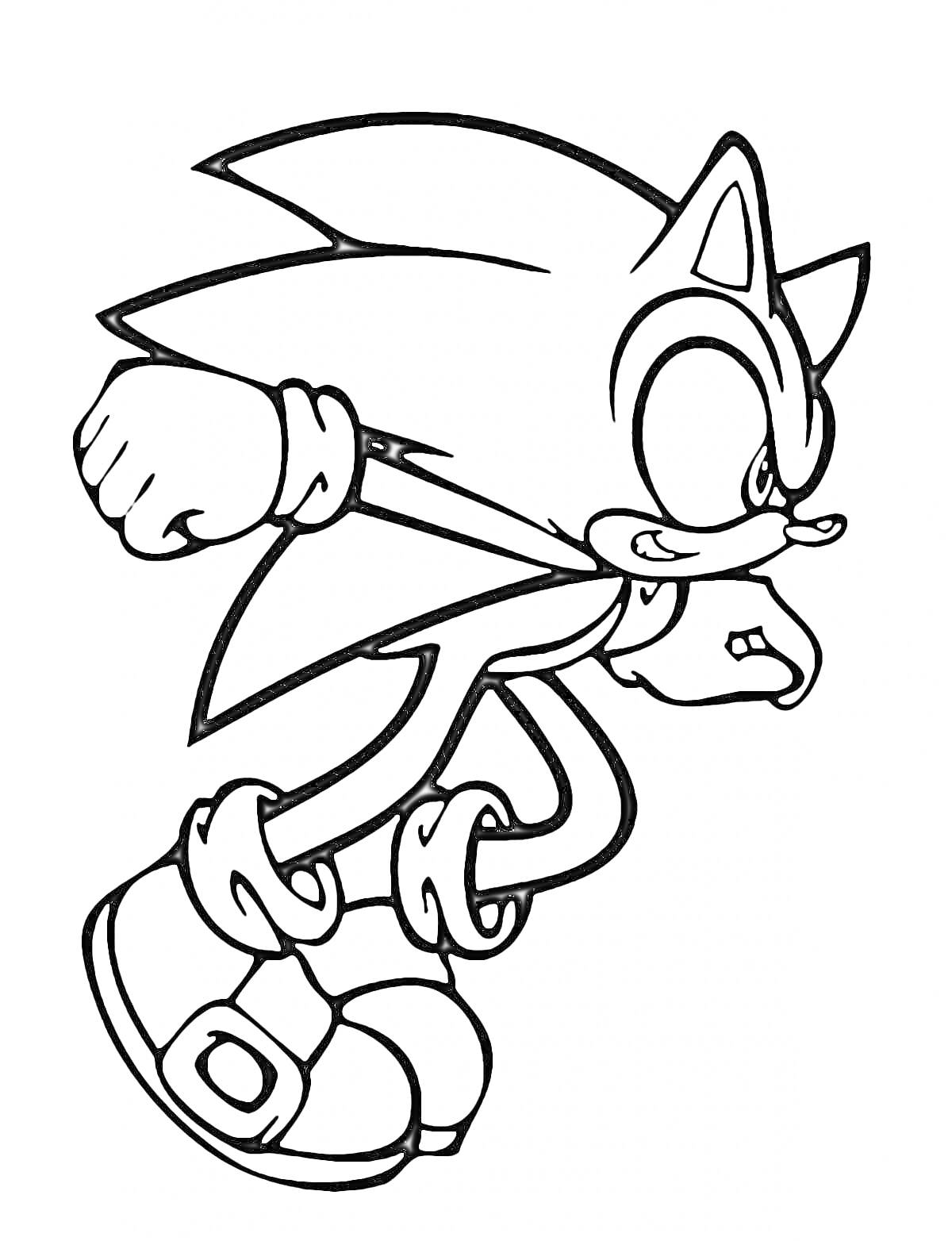 Раскраска Сонник в прыжке с прижатым кулаком, в кроссовках, с остроконечными ушами и шипованными волосами