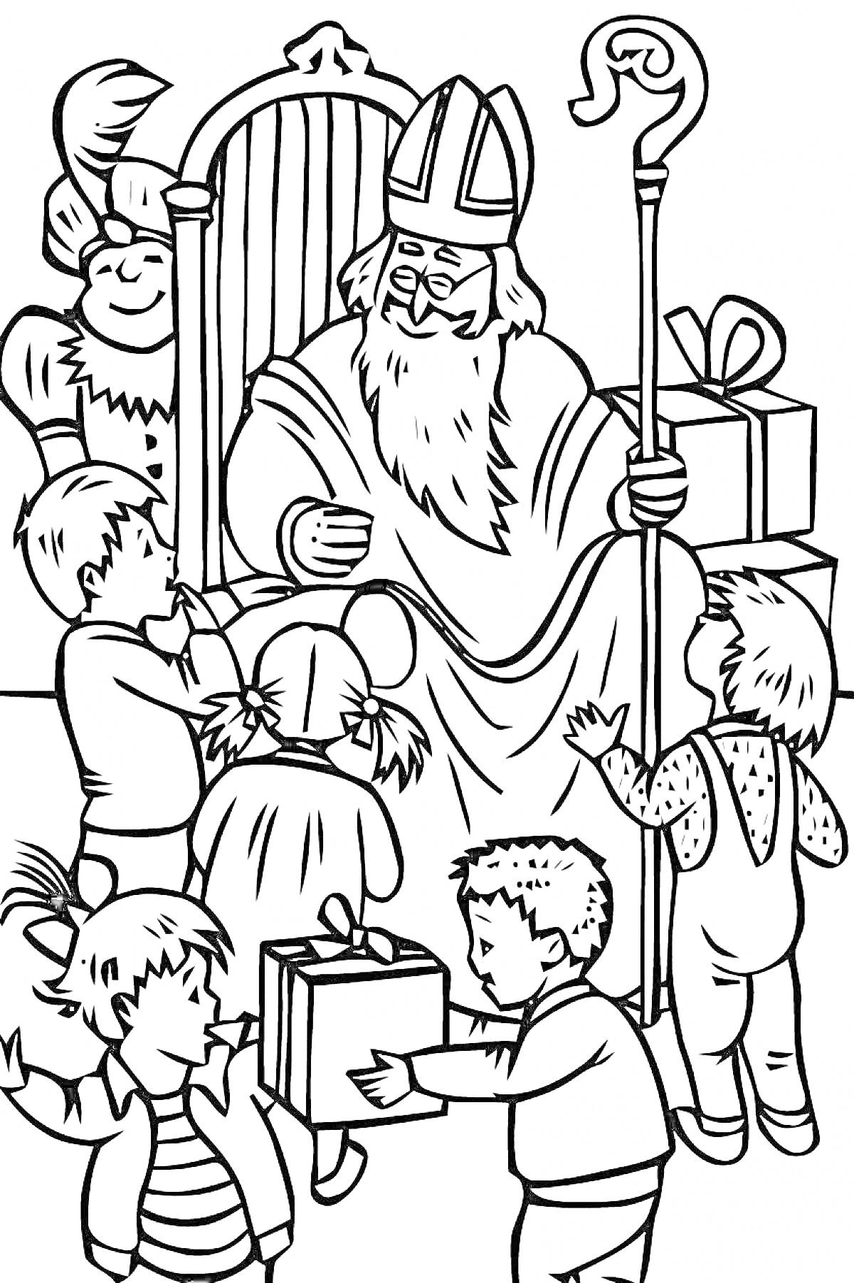 Раскраска Николай сидит на троне и раздает подарки детям, рядом помощник Николая