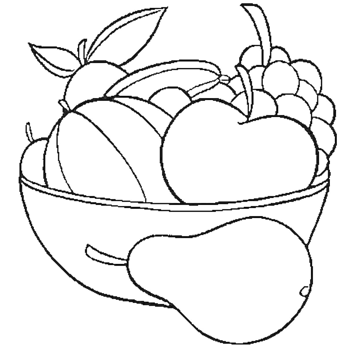 На раскраске изображено: Фрукты, Овощи, Корзина, Яблоко, Виноград, Персик, Еда