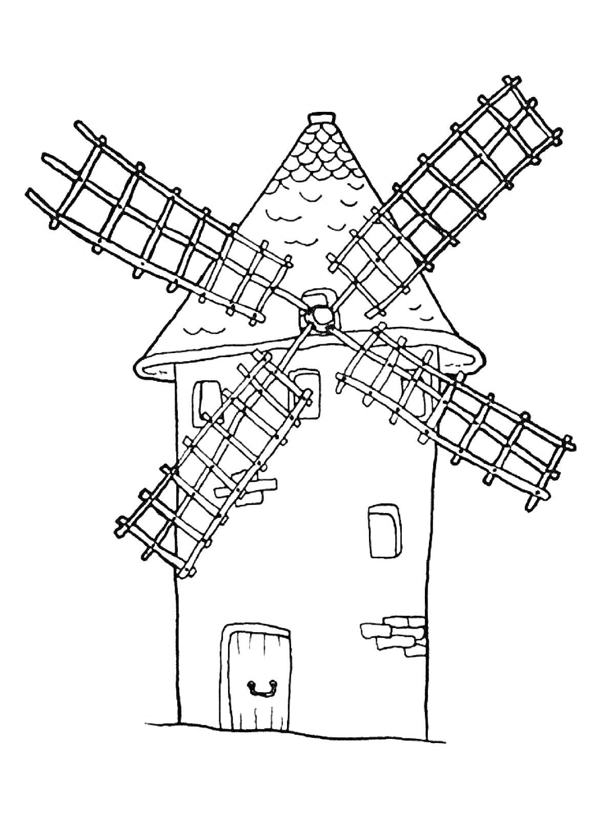Раскраска Мельница с большой крышей, четырьмя лопастями, дверью и окном