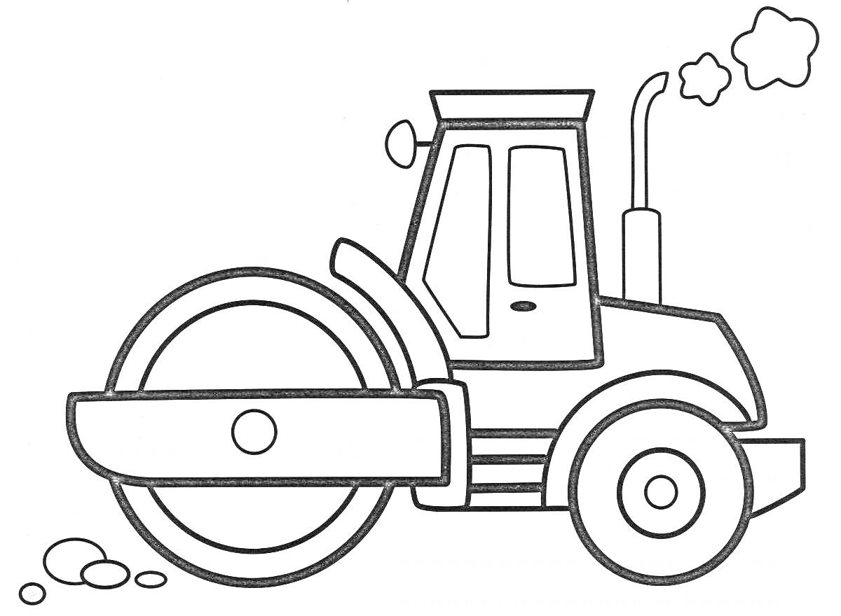 На раскраске изображено: Каток, Транспорт, Выхлоп, Дым, Колёса, Камни