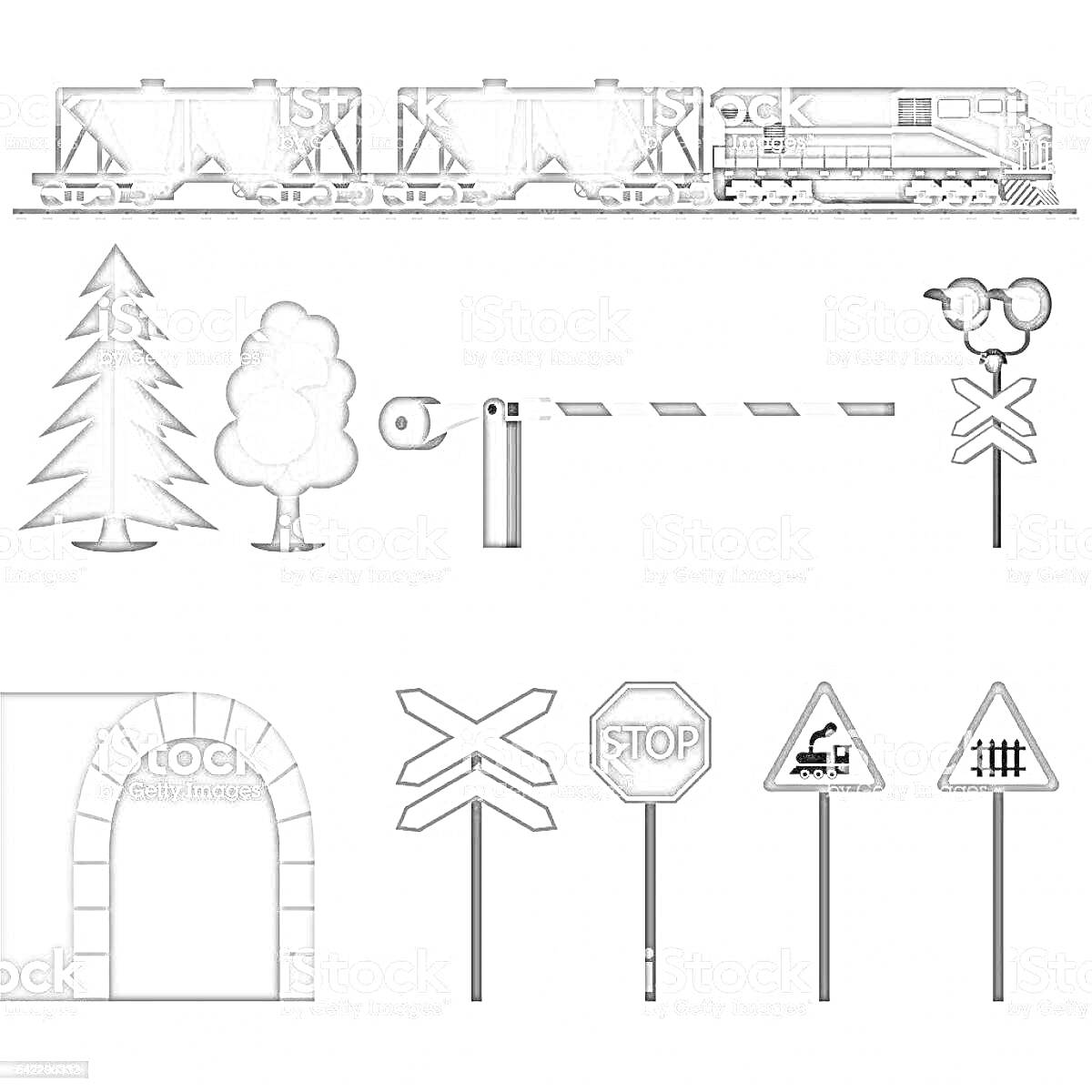 Железнодорожный переезд с паровозом, вагонами, деревьями, шлагбаумом, светофором, дорожными знаками и туннелем.