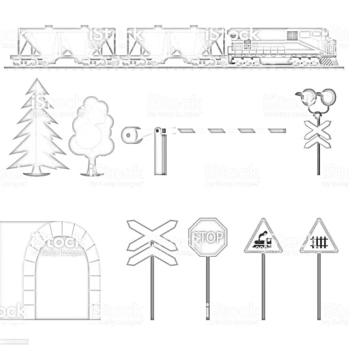 На раскраске изображено: Паровоз, Вагоны, Железнодорожный переезд, Шлагбаум, Светофор, Туннель, Стоп знак, Поезд, Железная дорога, Деревья, Ёлки