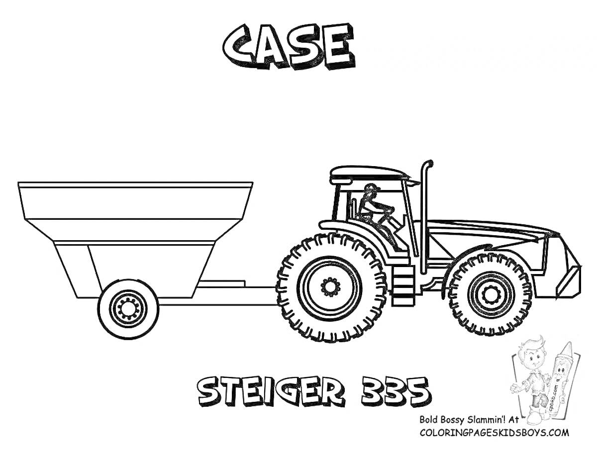 Раскраска Трактор Steiger 335 с прицепом и водителем