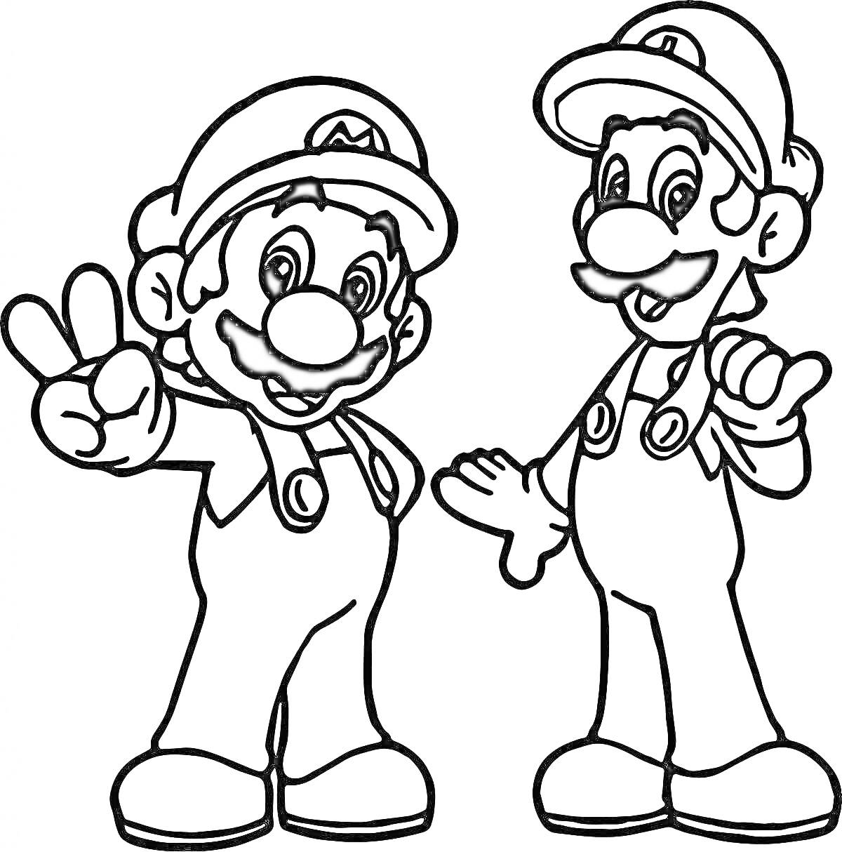 Два персонажа в костюмах Марио, один показывает знак 