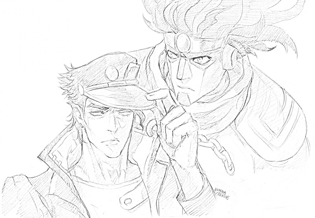 Раскраска Герои JoJo: Jotaro Kujo и Star Platinum