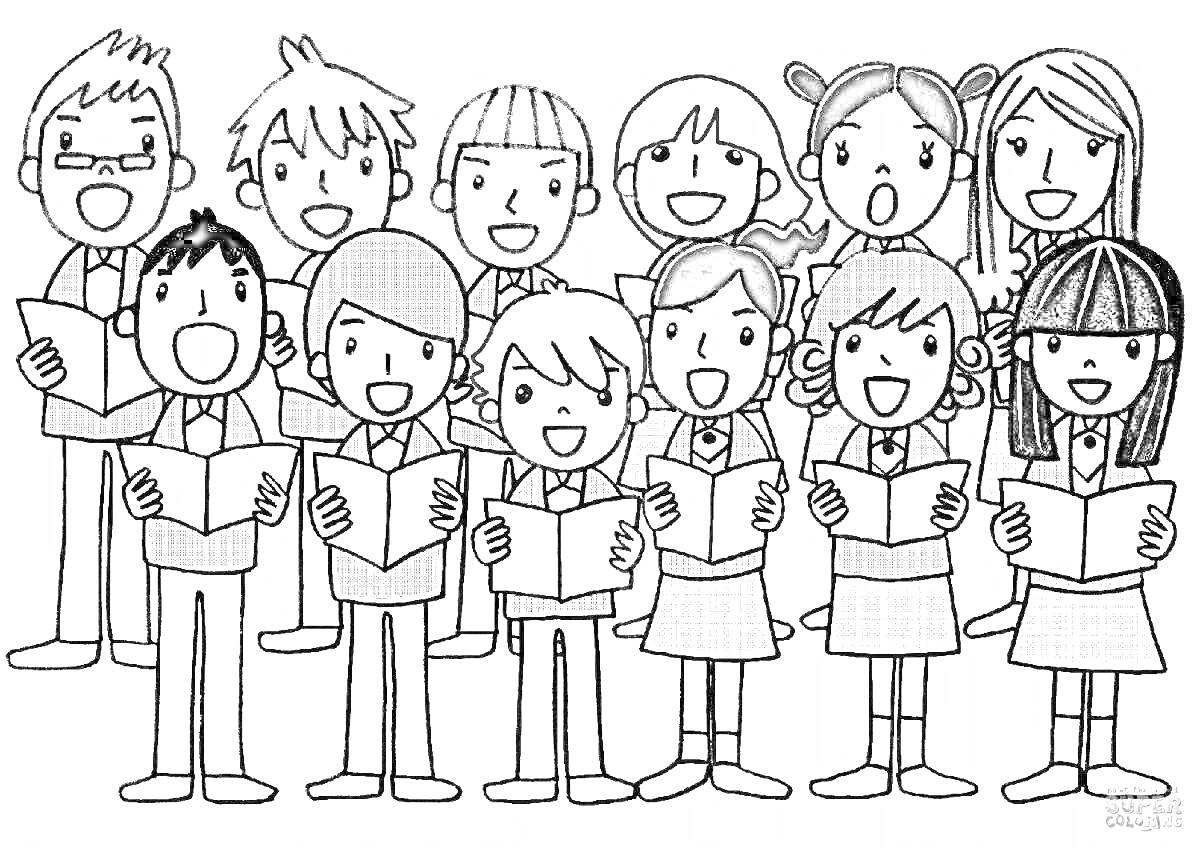 Раскраска Дети поют в хоре, держа нотные листы