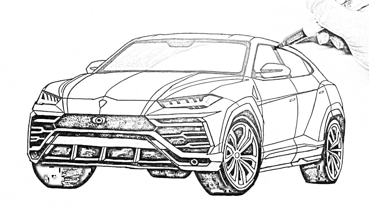 Раскраска с изображением автомобиля Lamborghini Urus, рисование рукой