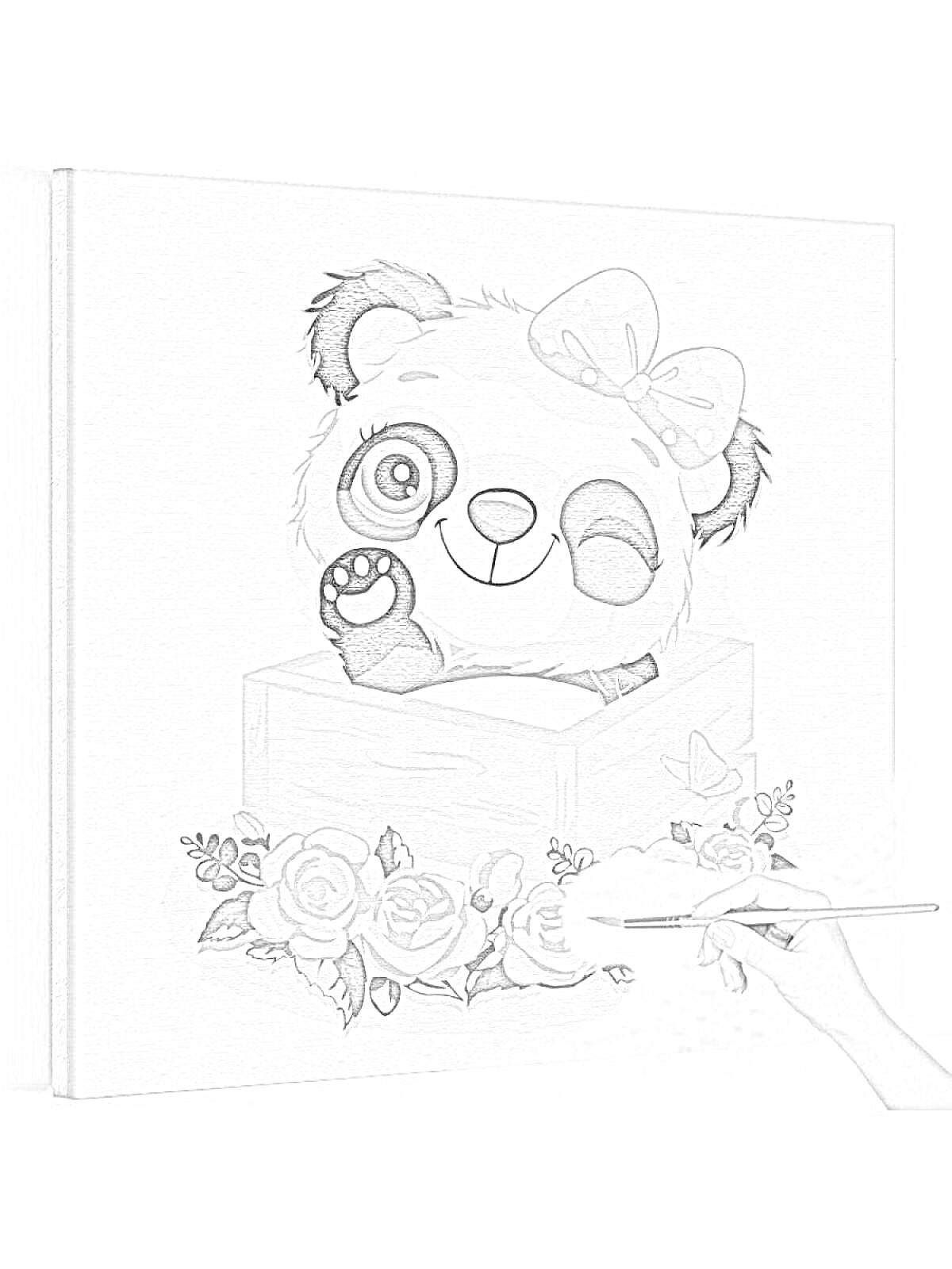 На раскраске изображено: Коробка, Цветы, Розы, Для детей, Бант, Панды