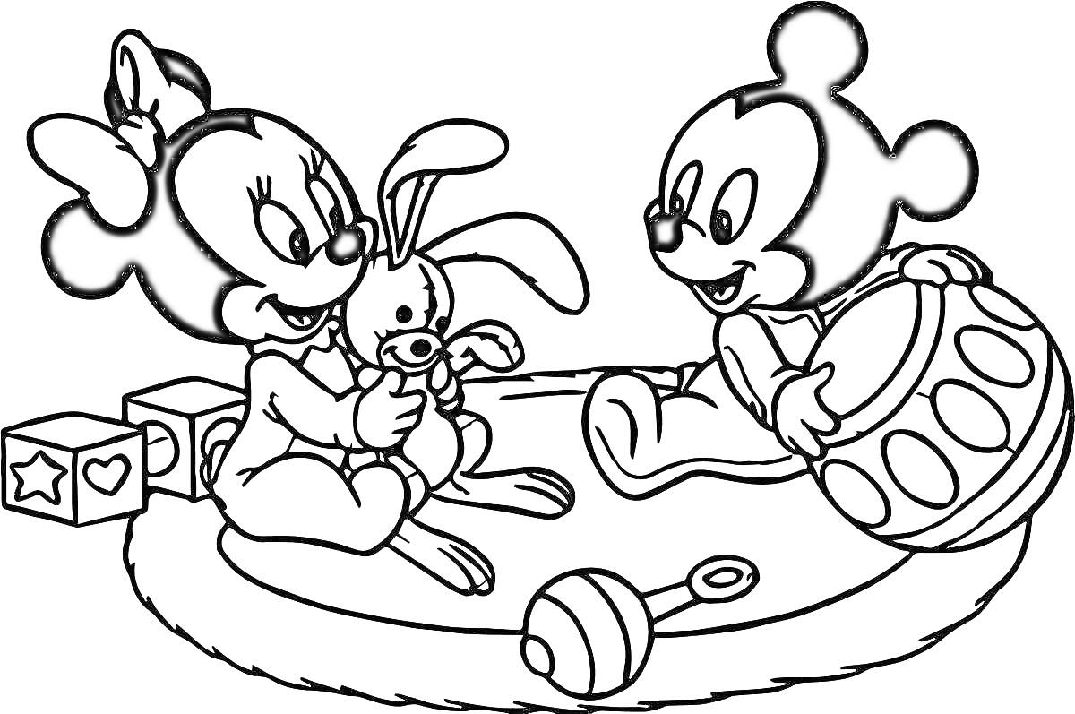 Раскраска Мини Маус и Микки Маус играют на коврике с игрушечным кроликом, барабаном, кубиками и погремушкой