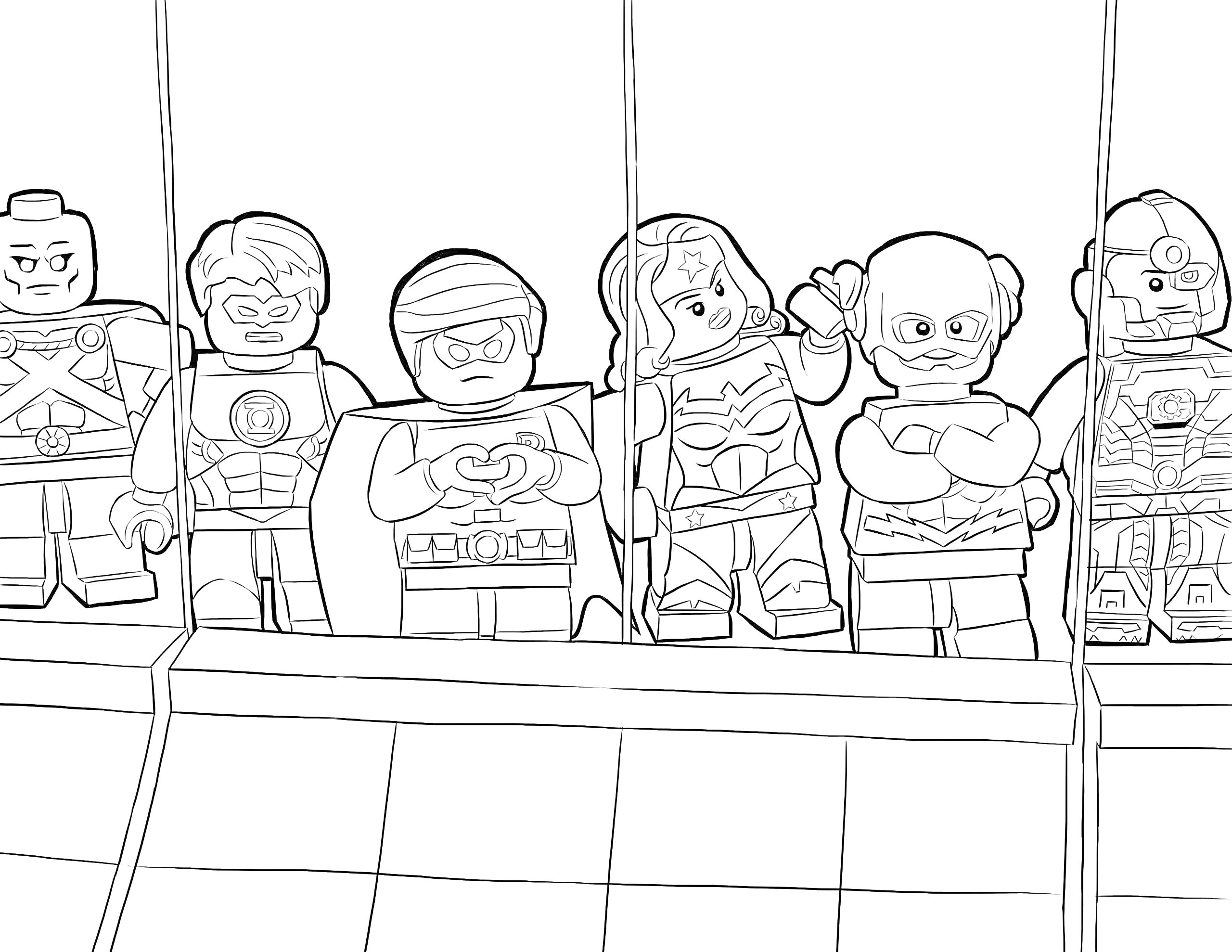 На раскраске изображено: Лига Справедливости, Лего, Супергерои, Комиксы, Творчество, Для детей