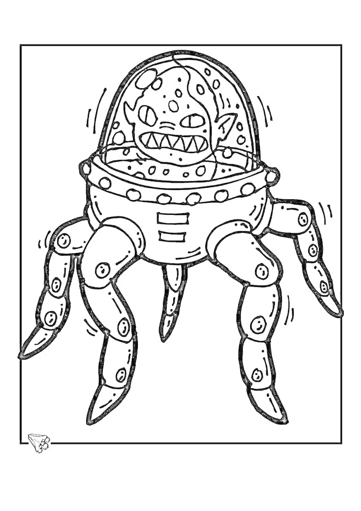 Раскраска робот паук с капсулой и агрессивным лицом, шесть ног, болты и линии движения