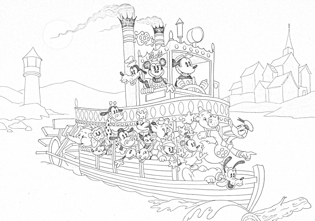 Раскраска Путешествие на пароходе по реке с персонажами мультфильмов, маяк и замок на горизонте