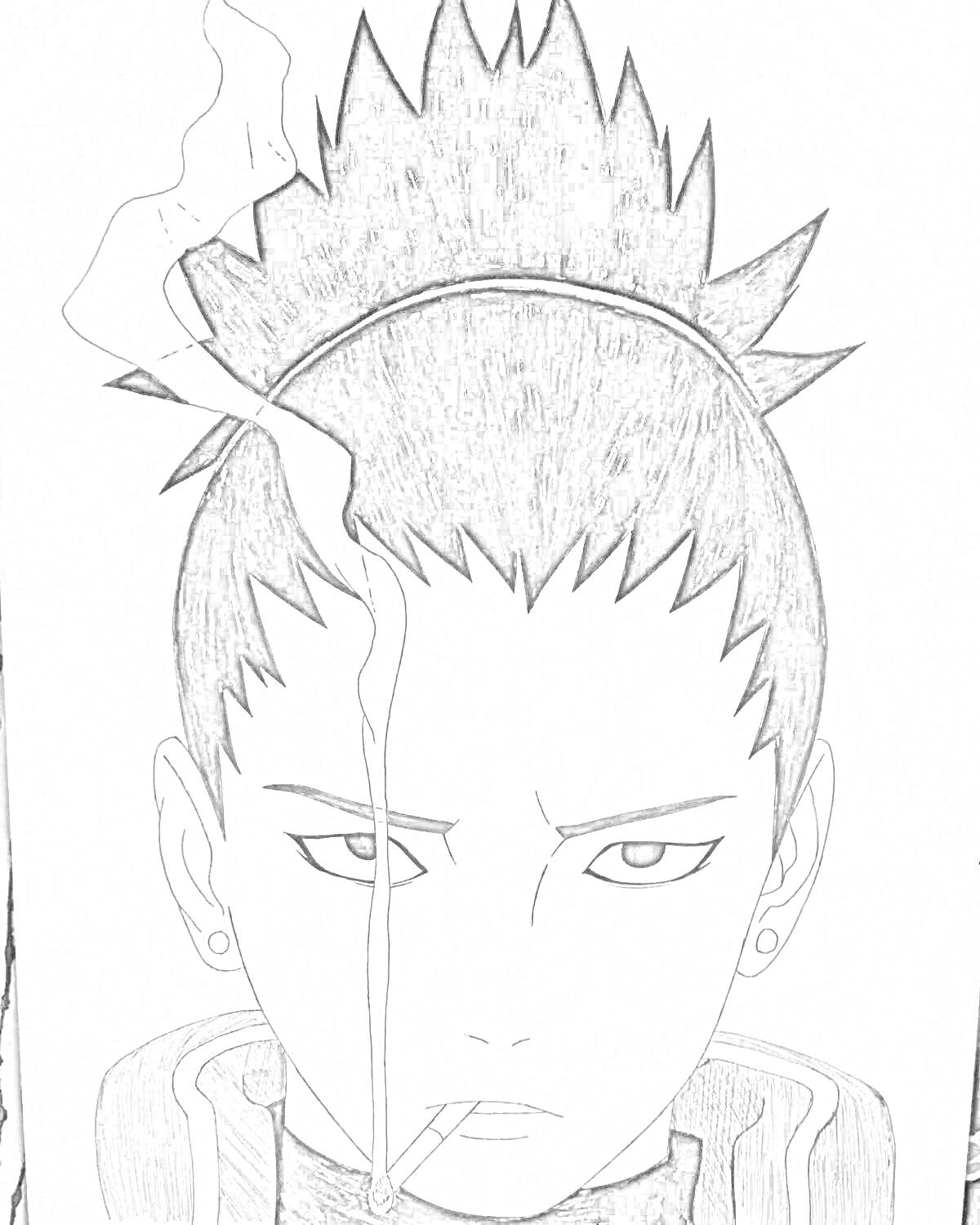 Раскраска Портрет Шикамару с сигаретой, серьгами и характерной причёской на белом фоне