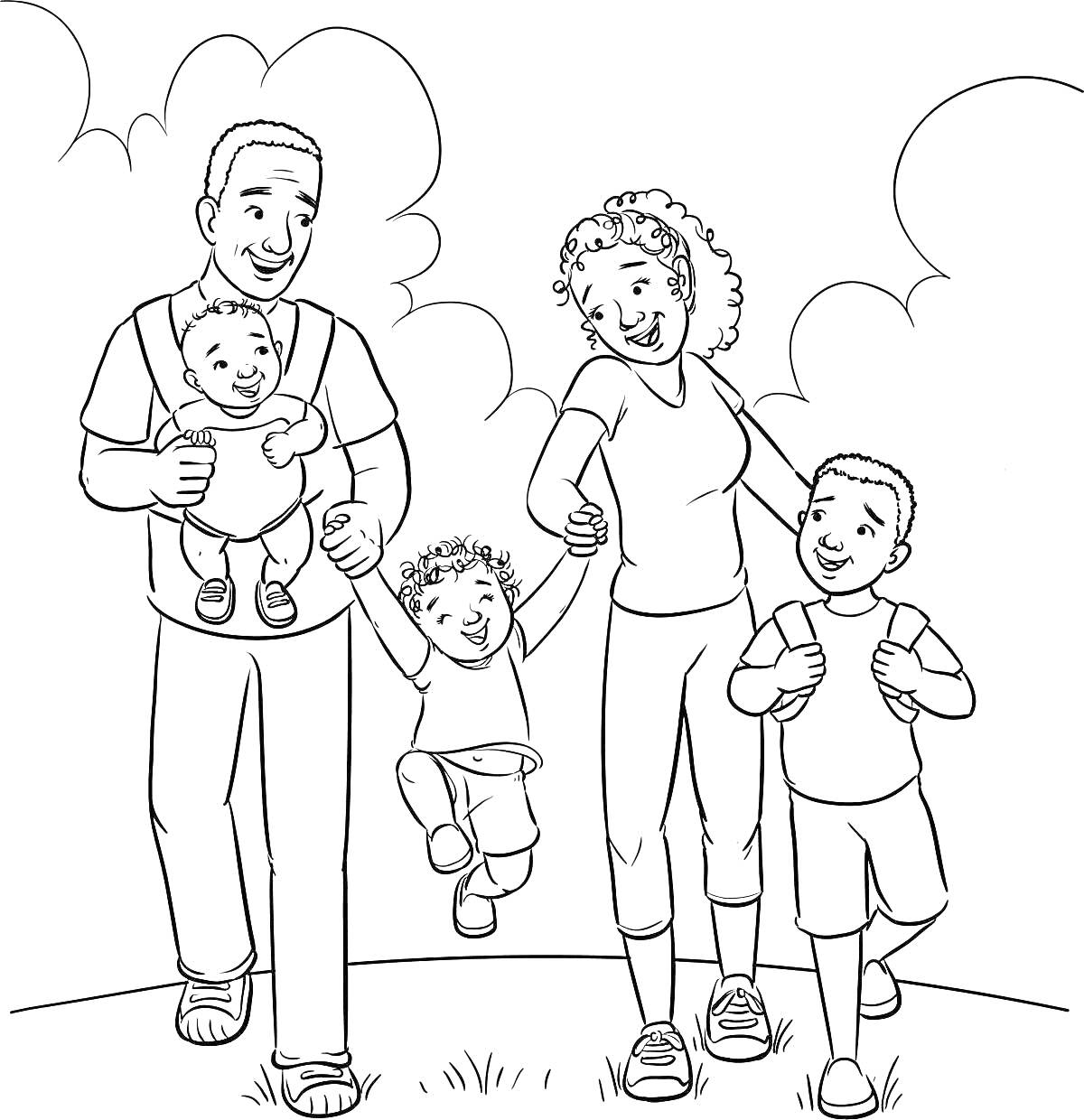 На раскраске изображено: Семья, Родители, Младенец, Прогулка, Руки, Небо, Облака, Трава