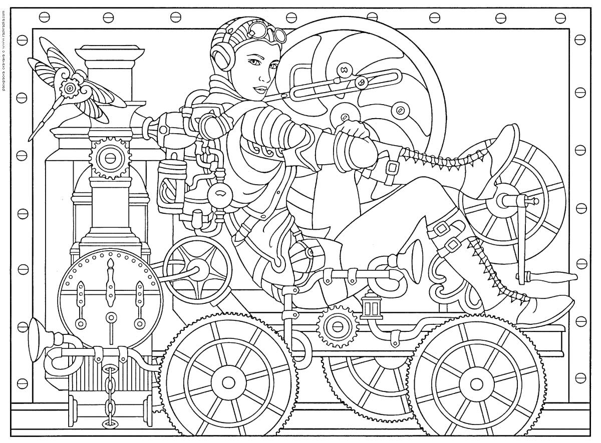 Раскраска Пилот стимпанк на колесной машине с шестеренками, трубами и механизмами