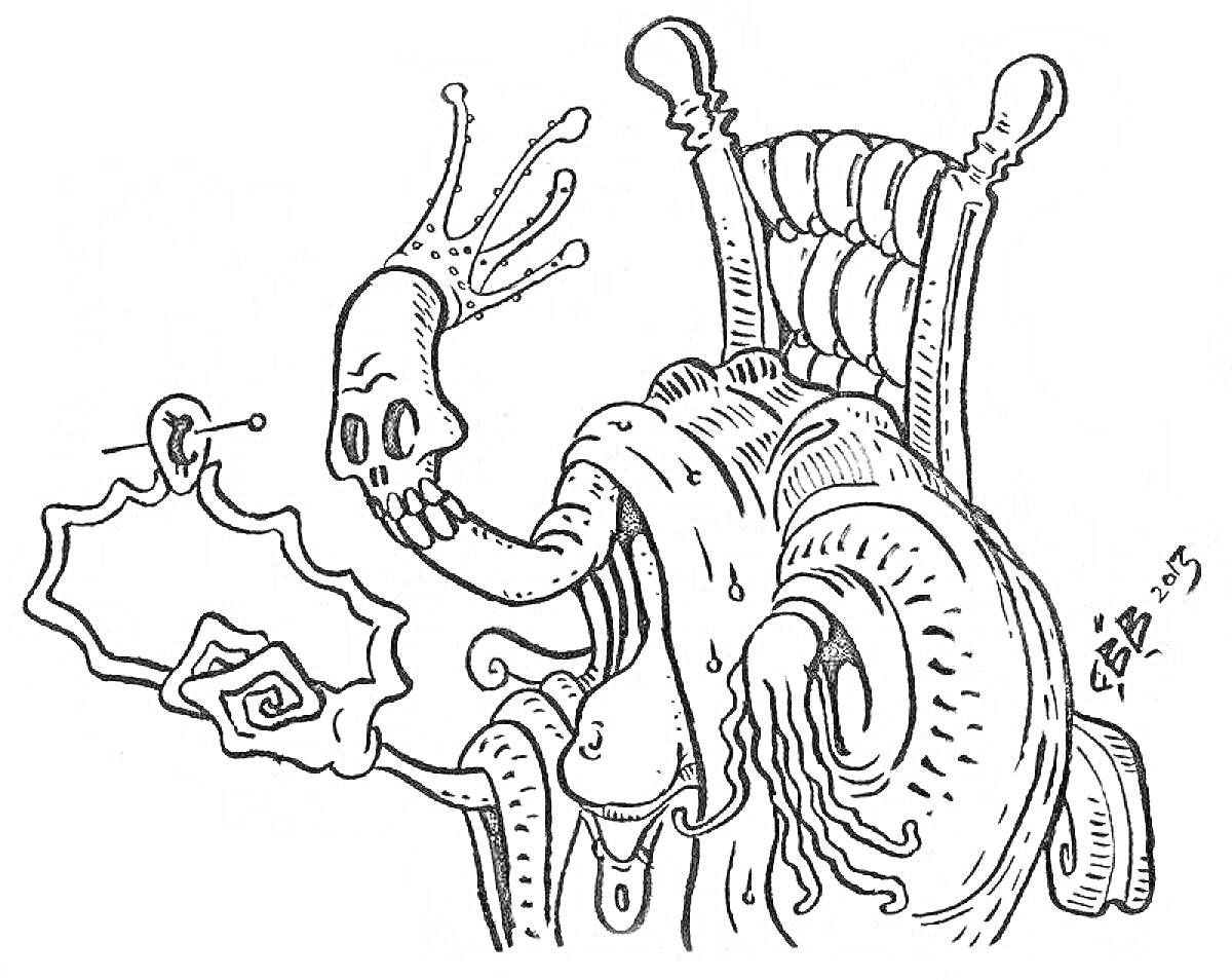 Раскраска Кощей с короной на троне, держащий зеркало с отражением