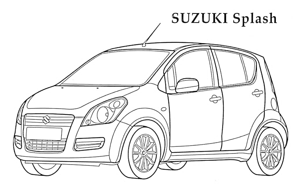 На раскраске изображено: Suzuki, Транспорт, Четырехдверный, Авто, Боковое зеркало, Контурные рисунки