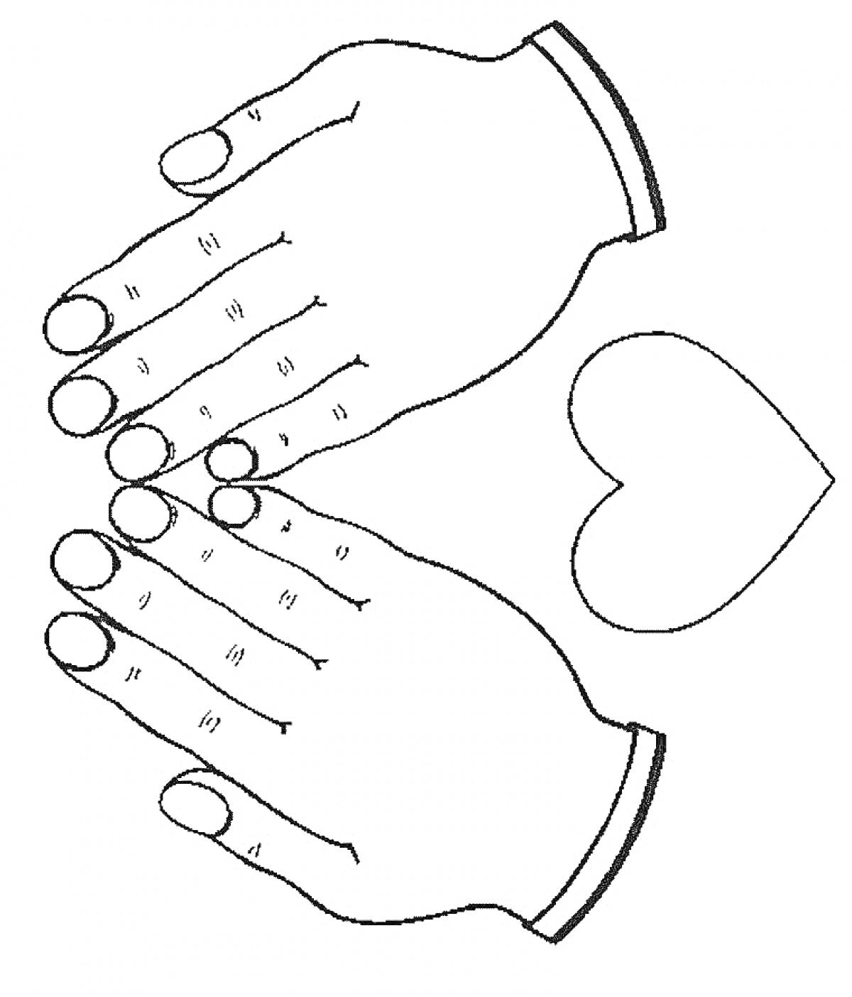 Раскраска Раскраска с изображением двух ладоней, каждой с буквами на пальцах, и сердцем