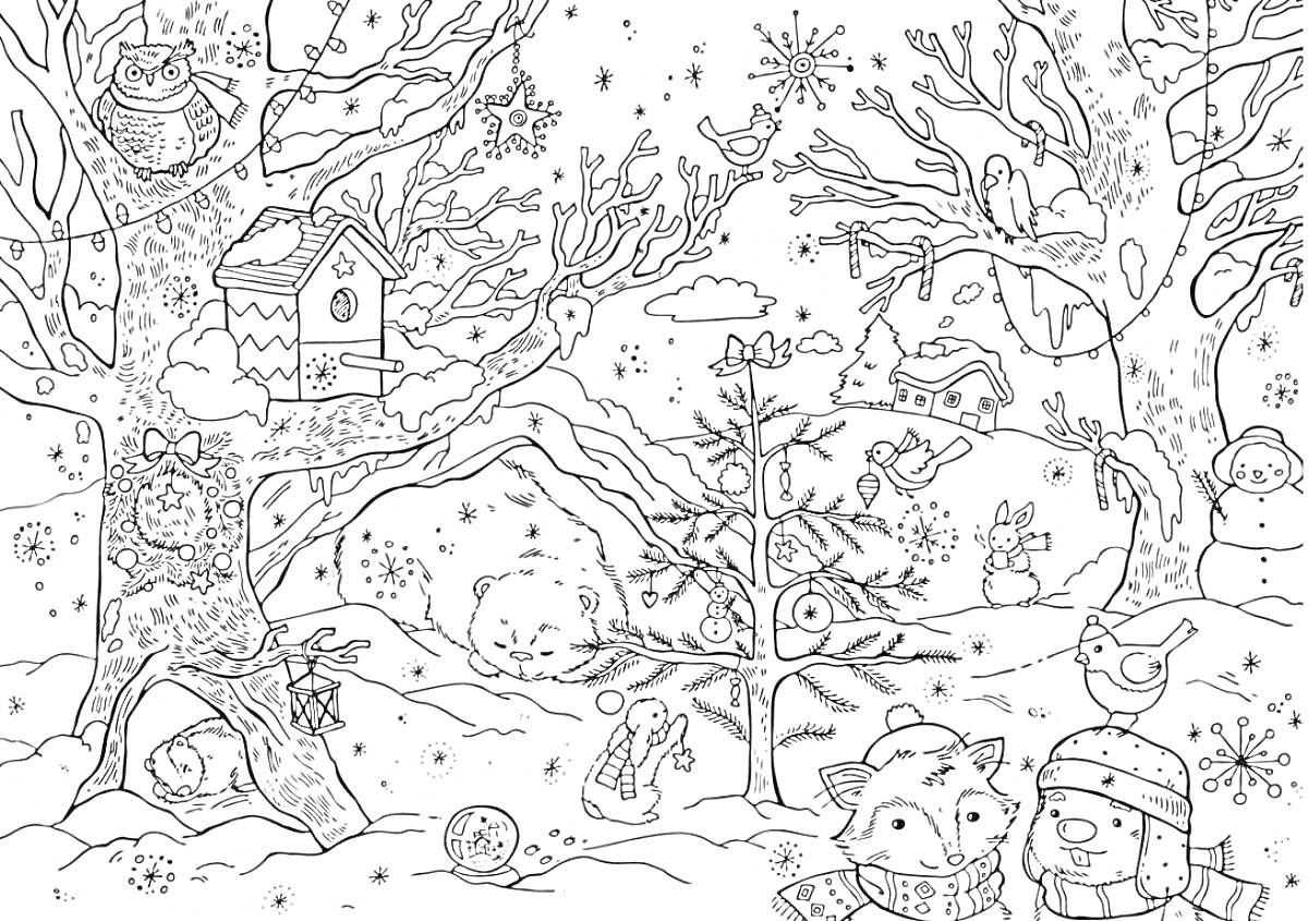 Раскраска Зимний лес с животными и праздничными декорациями. На изображении сова на дереве, скворечник, украшения на деревьях, лесные животные (лисы, белки и другие), маленький домик, снеговики, елка, звезды и снежинки.