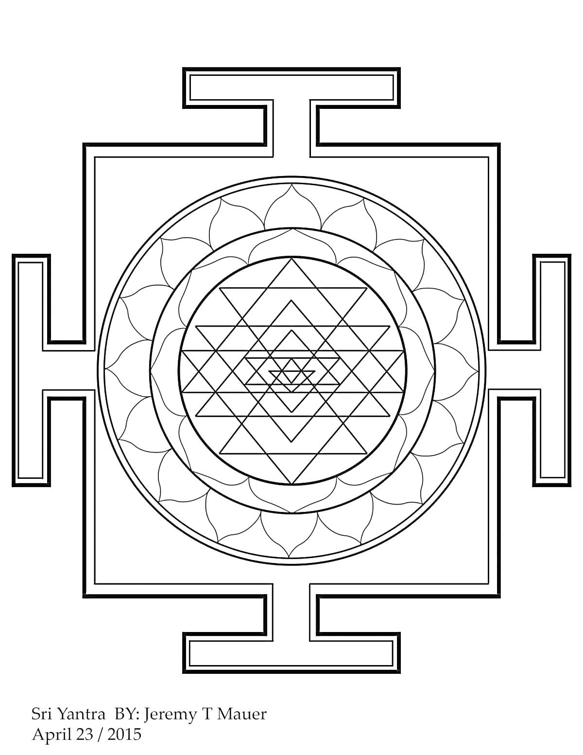 Раскраска Шри Янтра с девятью треугольниками внутри круга, окруженного цветочным узором и четырехугольной рамкой