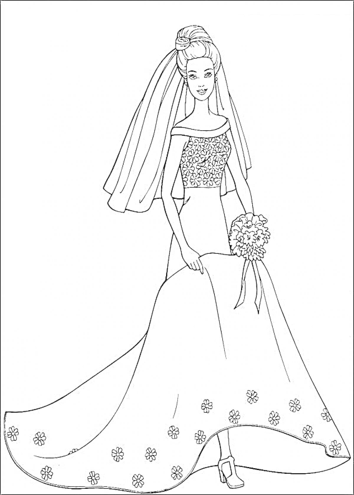 На раскраске изображено: Невеста, Свадебное платье, Фата, Цветы, Наряд, Свадьба, Букет цветов, Длинные платья