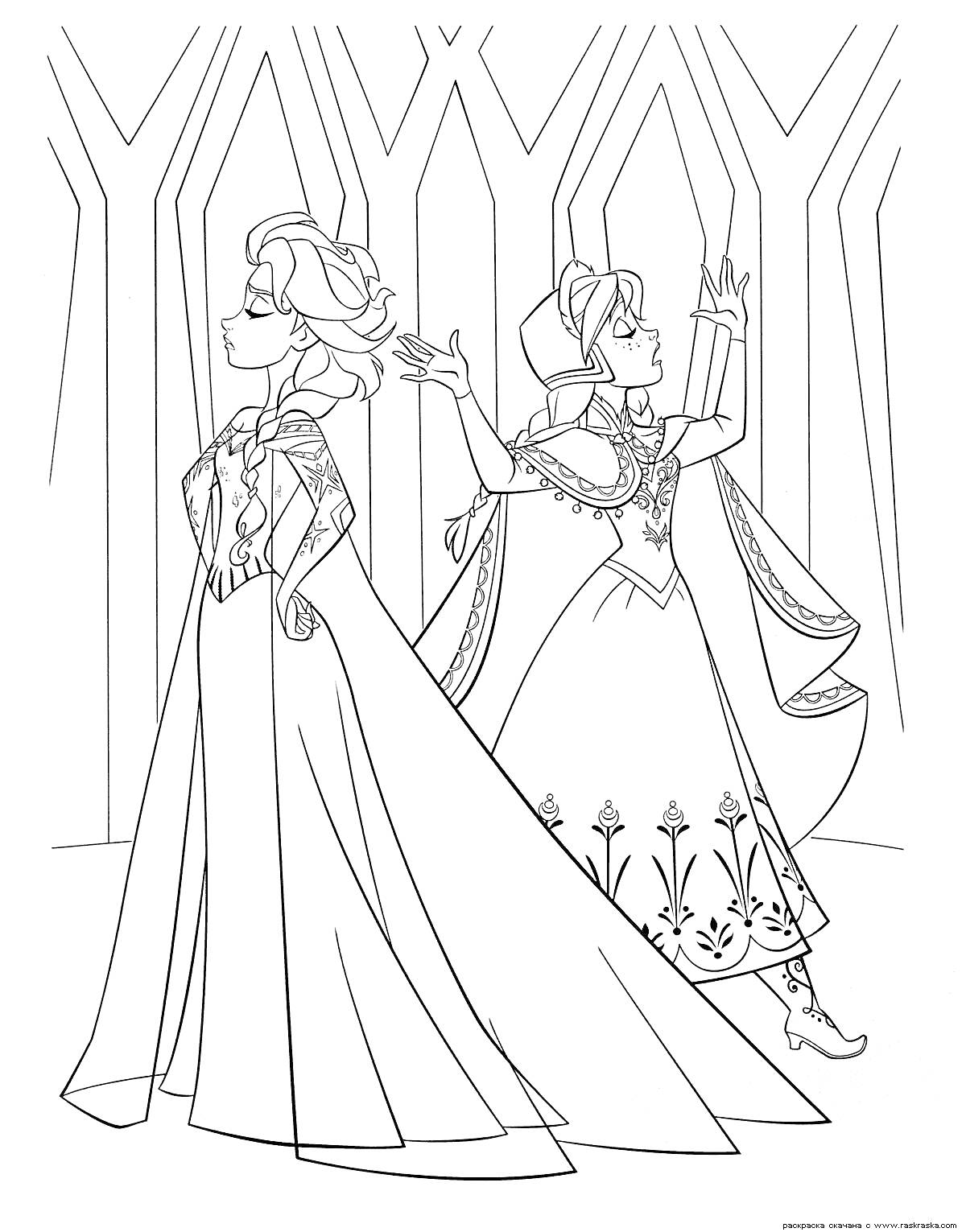 Раскраска Две принцессы спиной друг к другу в ледяном дворце