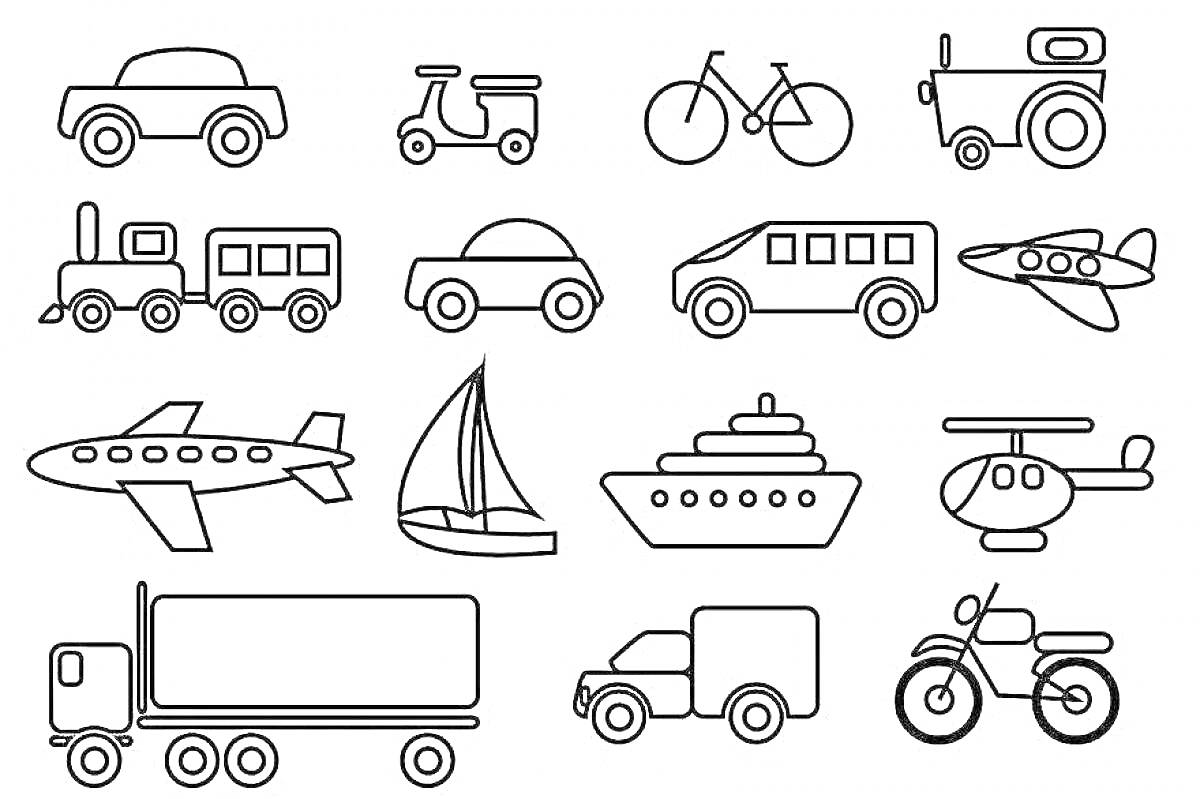 На раскраске изображено: Транспорт, Мотоцикл, Велосипед, Автобус, Паровоз, Скутер, Минивэн, Вертолет, Корабль, Яхта