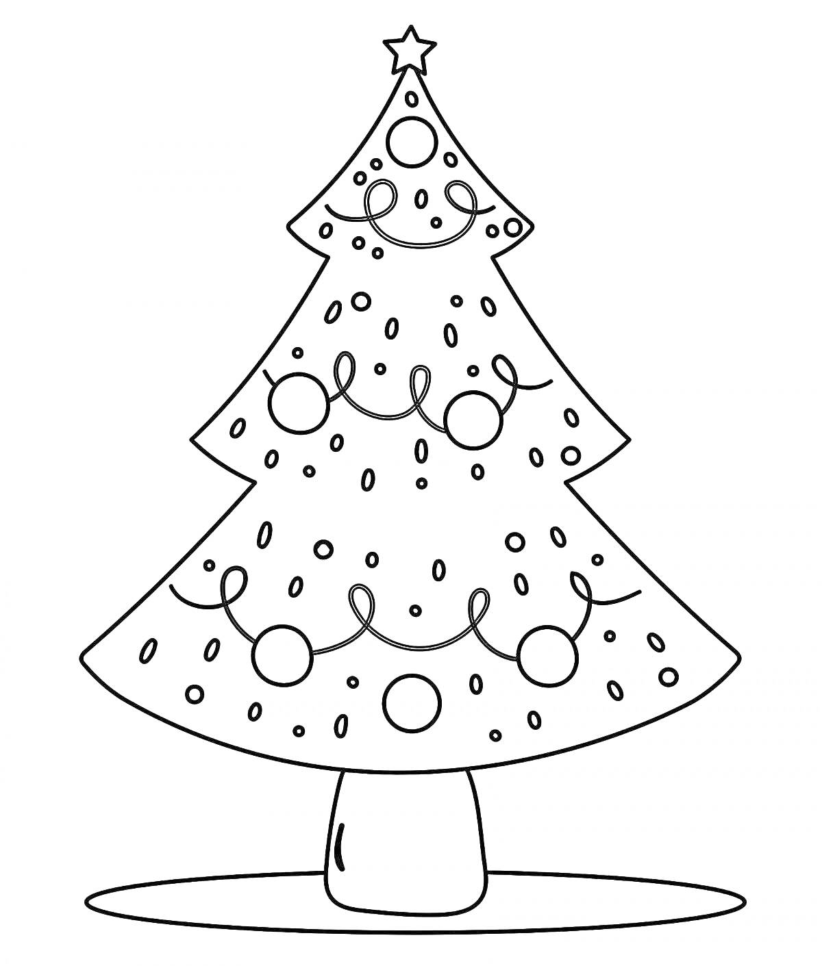 Раскраска Елочка с шарами, гирляндами, звездой на макушке и снежинками