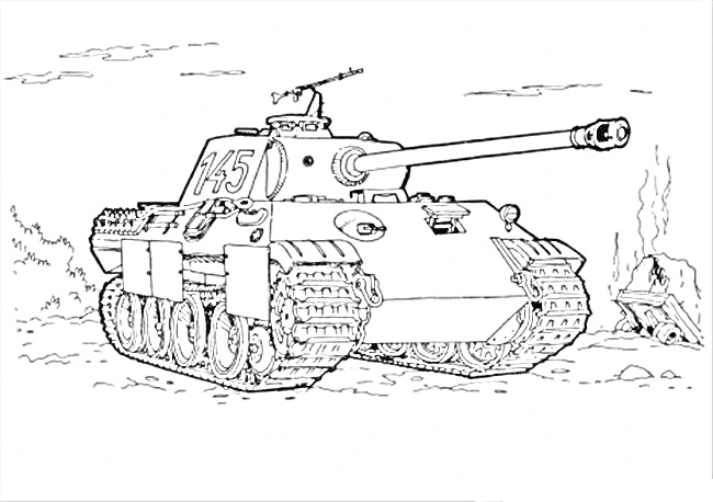 Раскраска Танки в сражении, тяжелый танк с длинным орудием, боевой номер 145, ограждения, ремни, гусеницы, снаряды, задний план с поврежденными элементами