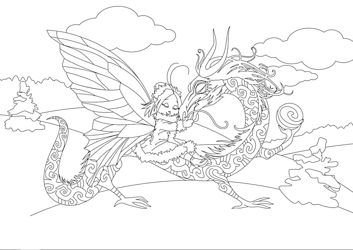 Раскраска Девочка на спине волшебного дракона с крыльями на фоне леса и облаков