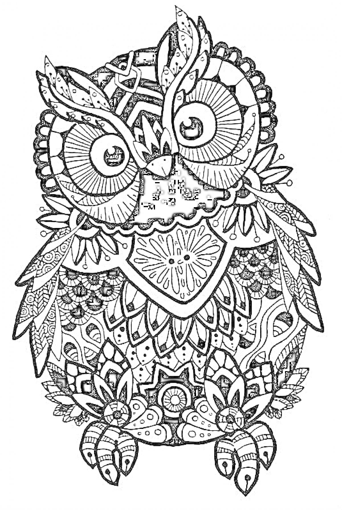 Антистрессовая раскраска совы в узорах с цветочными и геометрическими элементами