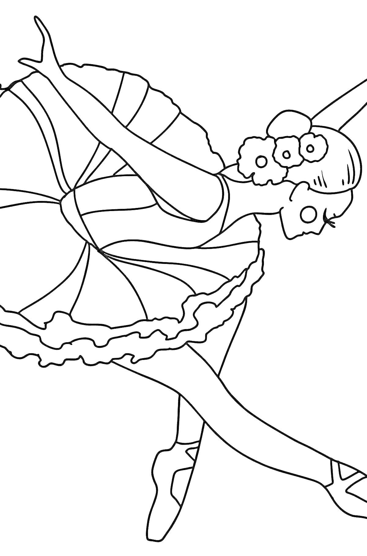 Раскраска Балерина с цветами в балетной пачке с ушками и хвостиком зайчика