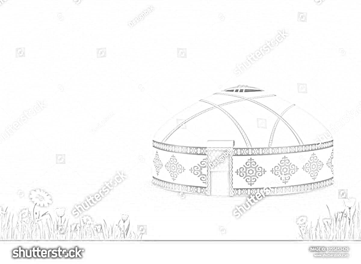 На раскраске изображено: Киіз үй, Степь, Трава, Цветы, Казахская культура, Традиционное жилище, Природа, Орнамент