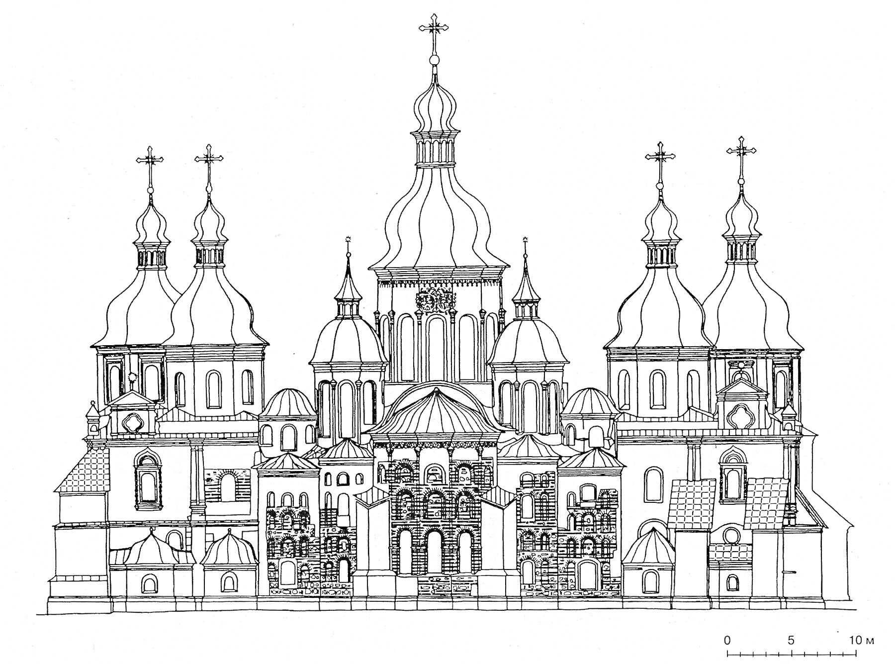 Раскраска Собор Святой Софии в Киеве, изображение фасада с куполами и архитектурными элементами