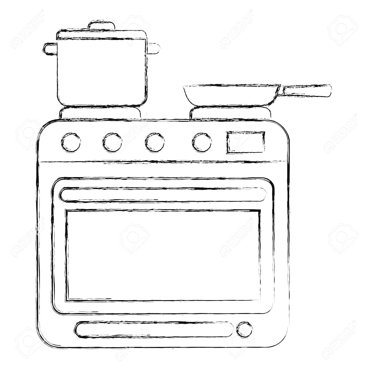 Раскраска Кухонная плита с кастрюлей и сковородой