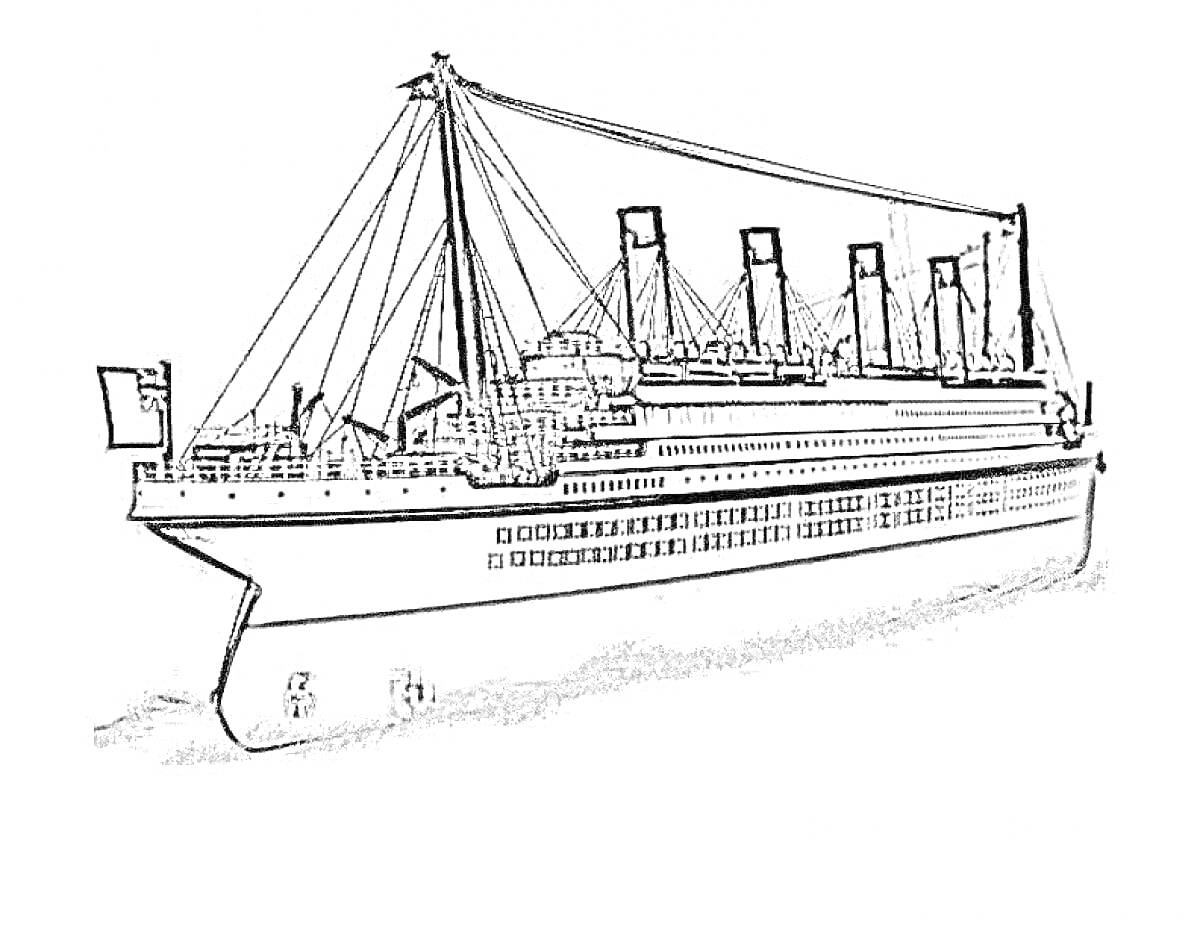 На раскраске изображено: Титаник, Корабль, Лайнер, Морской транспорт, Мачта, Флаг, Вода
