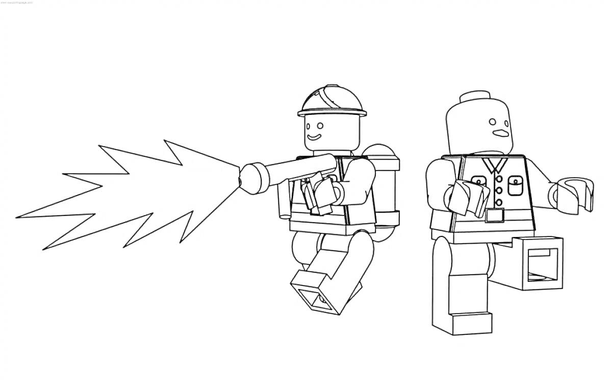 Раскраска Два военных лего-фигурки в действии, один с рацией, другой с огнемётным аппаратом