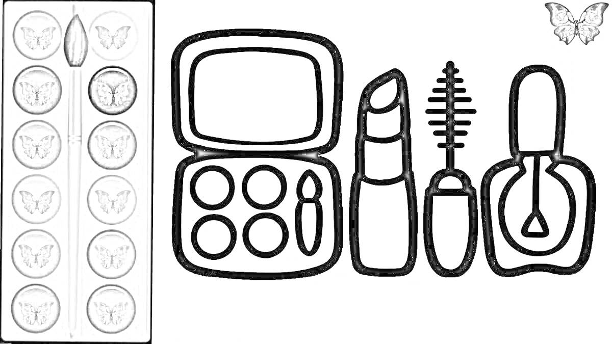 На раскраске изображено: Косметика, Тени для век, Помада, Тушь для ресниц, Лак для ногтей, Макияж, Творчество, Для детей, Кисточки