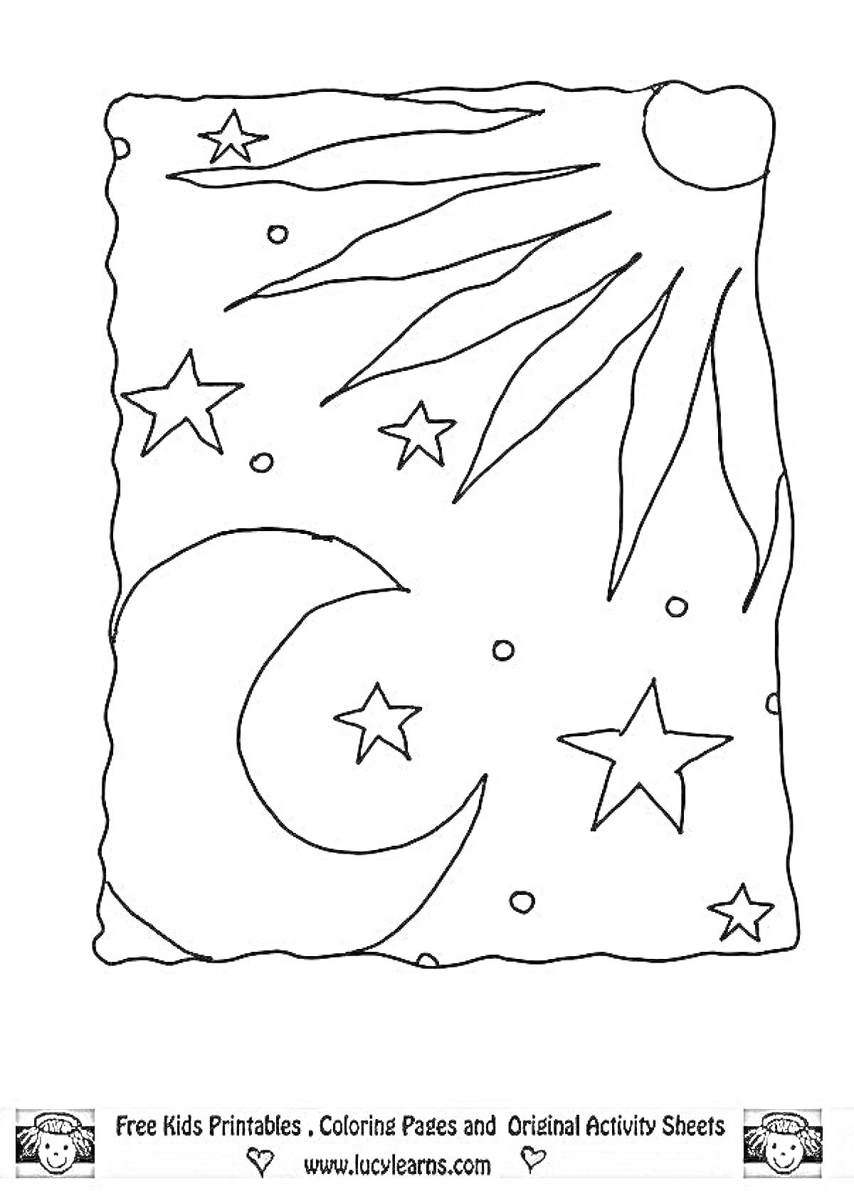 На раскраске изображено: Ночь, День, Луна, Солнце, Звезды, Небо, Планеты, Астрономия