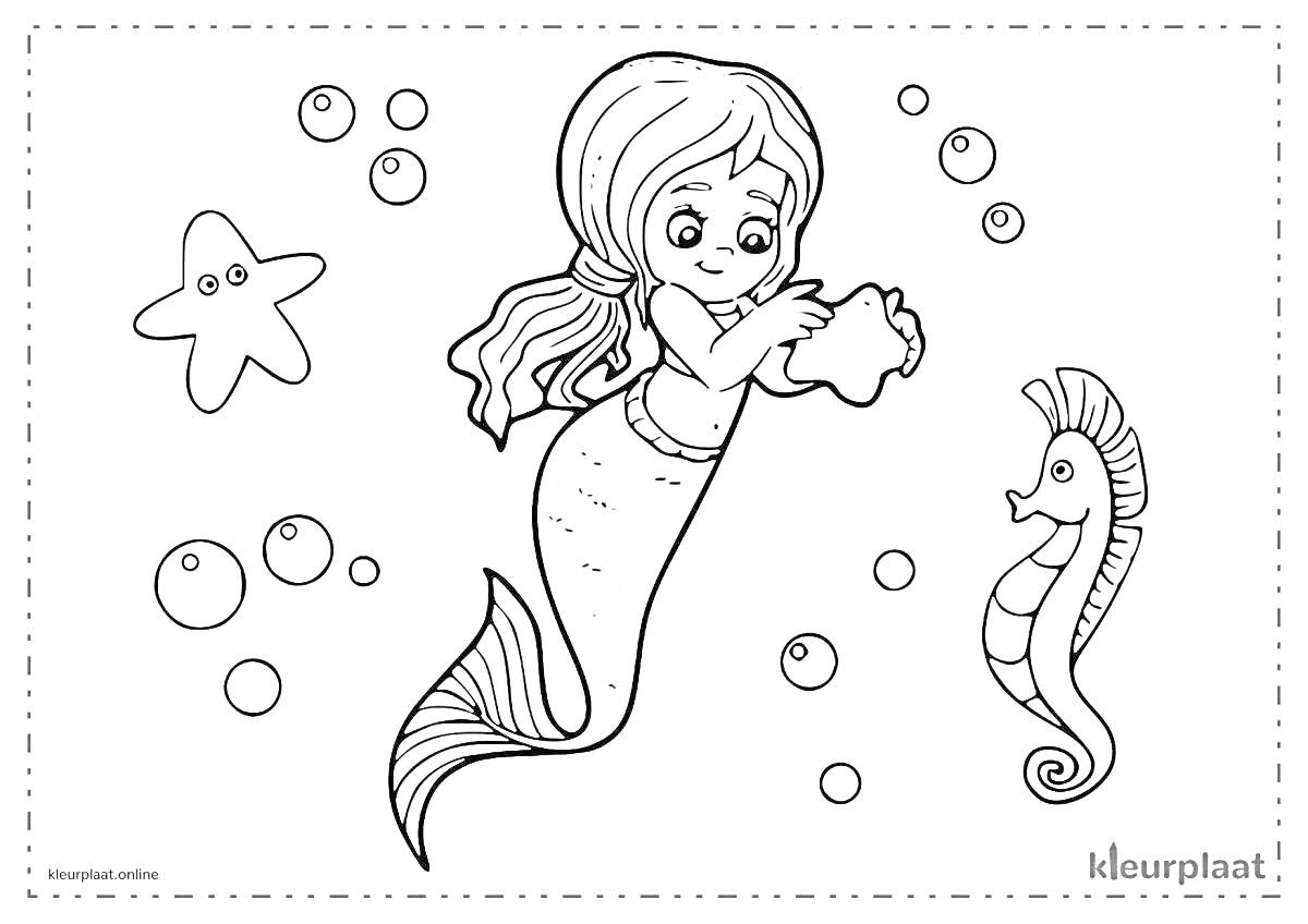 На раскраске изображено: Ракушка, Морской конек, Пузыри, Подводный мир