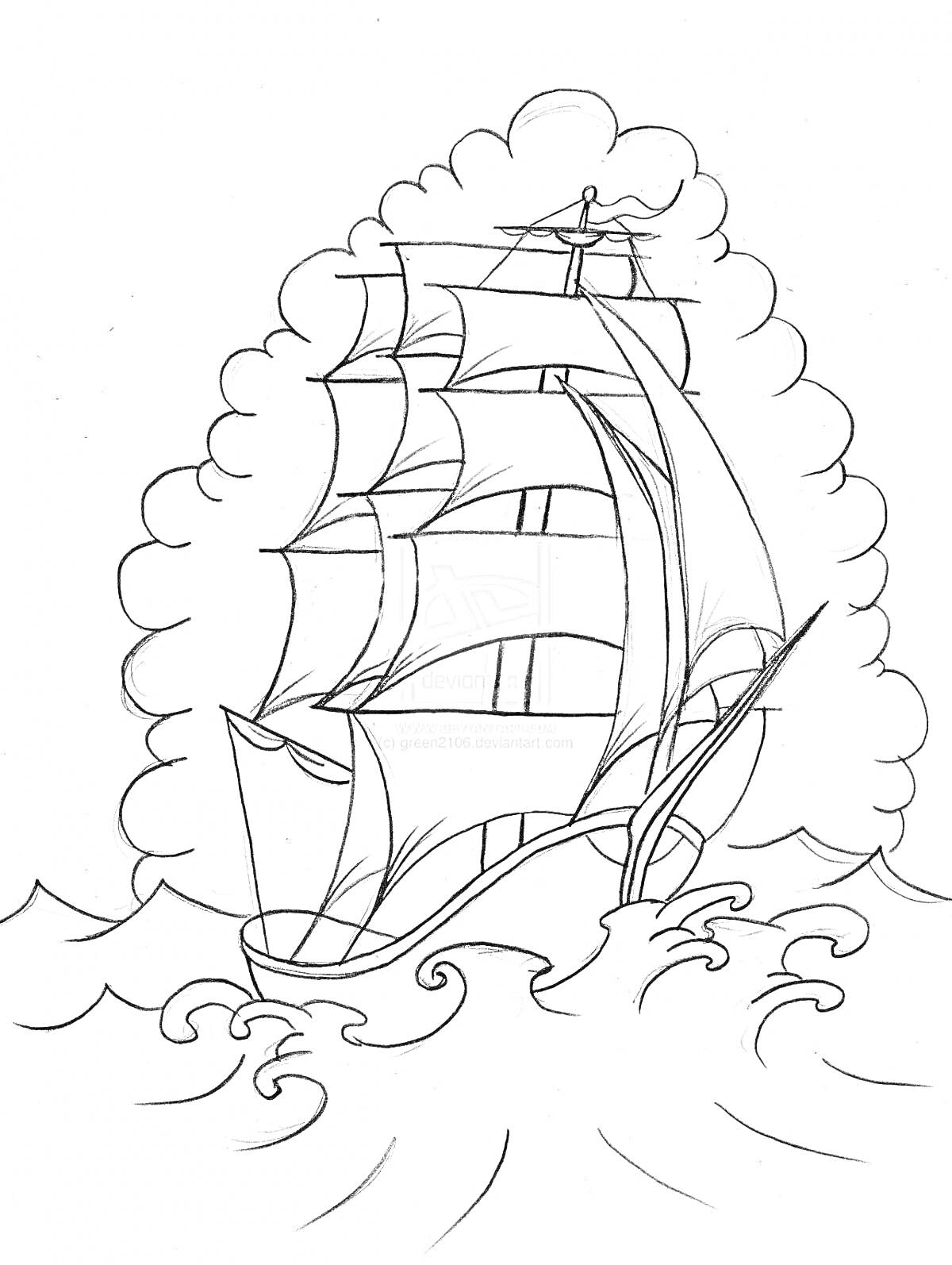 Раскраска Корабль с алыми парусами в бушующем море