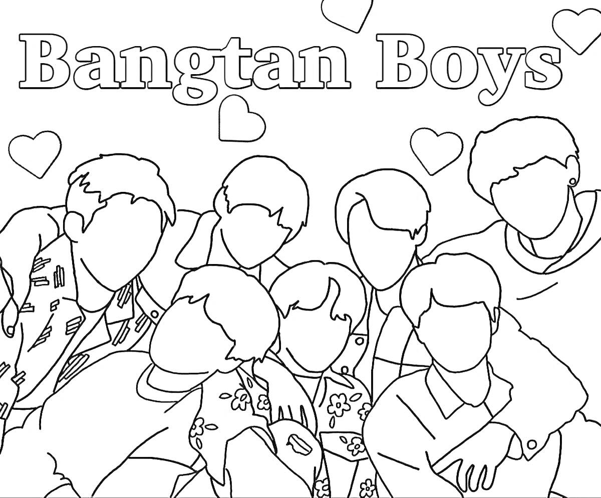 Раскраска Bangtan Boys, люди без лиц, сердечки, надпись