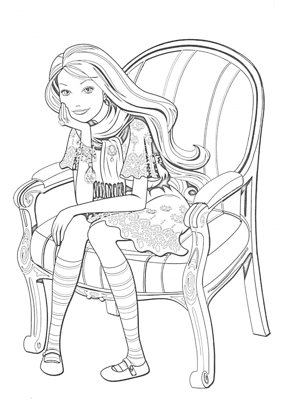 Раскраска Девочка в платье, сидящая на кресле