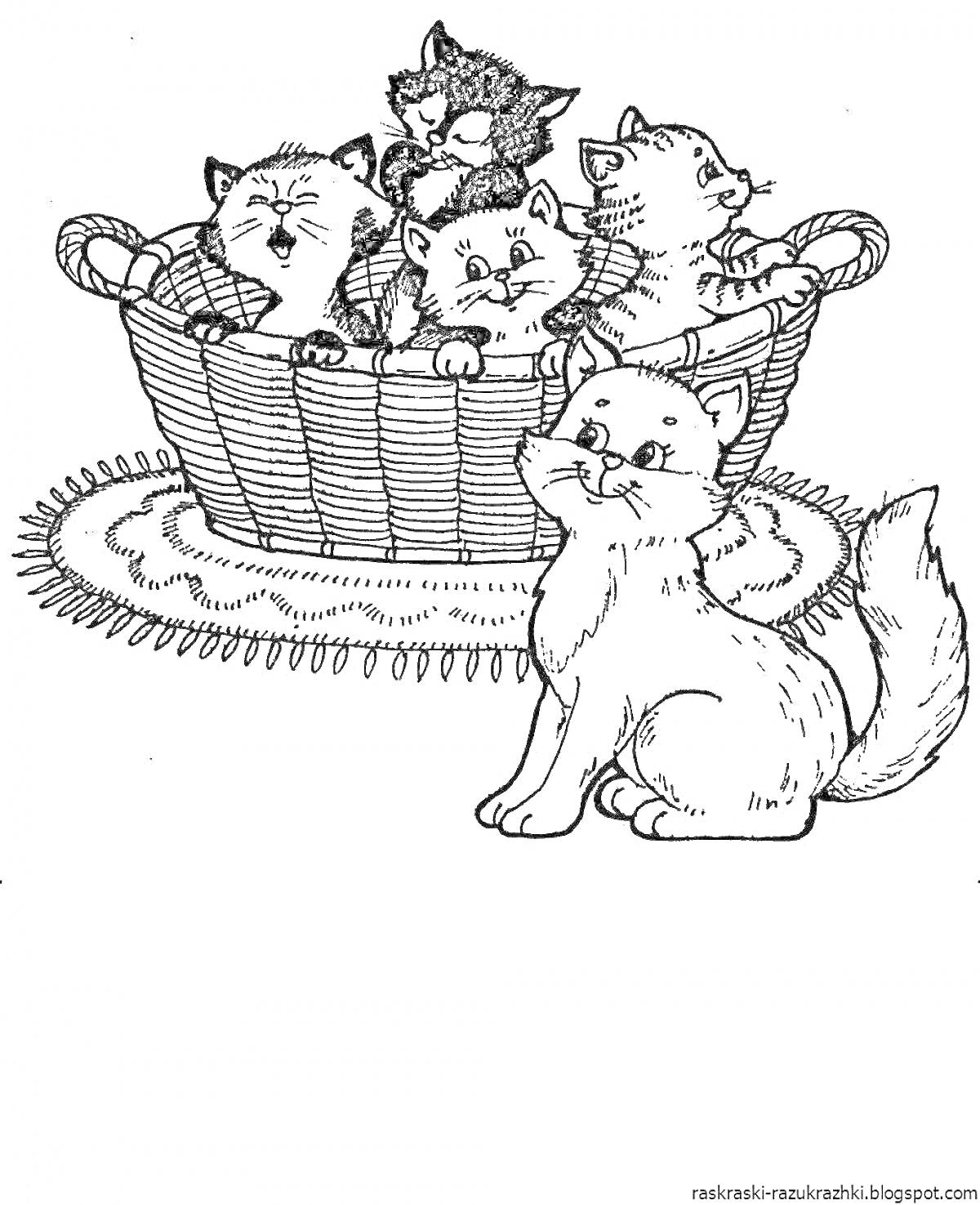 Раскраска Кошка с котятами в корзине
